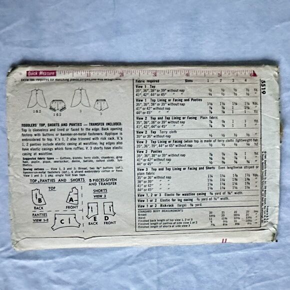 Vintage 60s Simplicity Sewing Pattern 5519 Toddler Top Shorts Panties Size 3 - Picture 2 of 2
